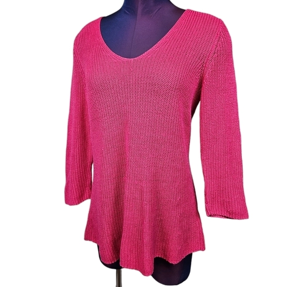 Talbots Hot Pink 3/4 Sleeve V-Neck Knit Sweater Size Medium Women's - Picture 8 of 8
